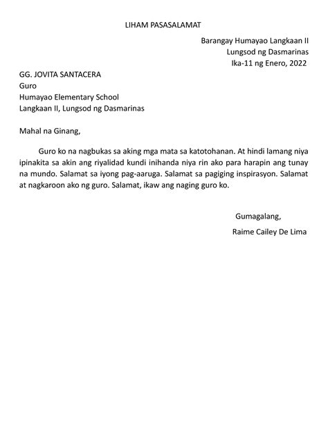 liham pasasalamat sa kapitan ng barangay